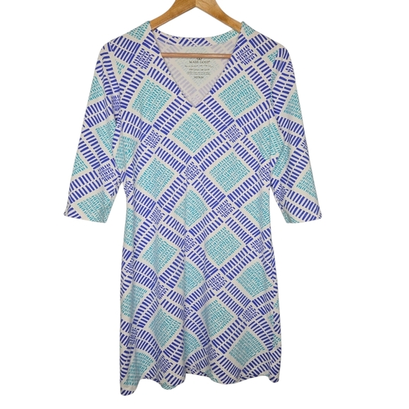 Mahi Gold Womens Preppy Geo Print V Neck Cotton Stretch Shift Dress Size Medium - Picture 1 of 4
